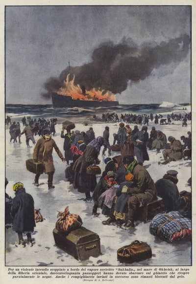 Due to a Violent Fire on Board the Soviet Steamer Sakhalin in the Sea of Okhotsk... by Achille Beltrame