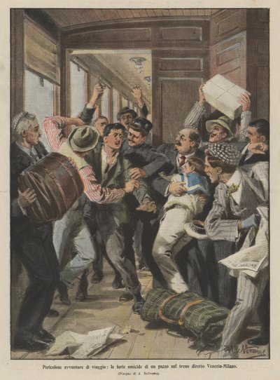 Dangerous travel adventures, the murderous fury of a madman on the train from Venice to Milan by Achille Beltrame