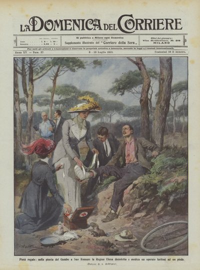 Royal compassion, Queen Elena disinfects and treats a worker in the Gombo pine forest at San Rossore by Achille Beltrame