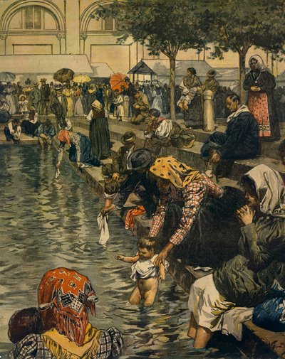 Pilgrimage to Caravaggio: Bathing in miraculous waters by Achille Beltrame