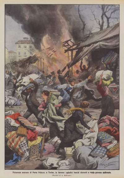 Picturesque Market of Porta Palazzo in Turin on Fire, Fifteen Stalls Destroyed and Several People Suffocated by Achille Beltrame