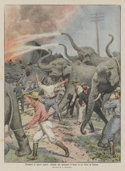 New Kind of Firefighters, Elephants Extinguishing a Fire on a Burning Train by Achille Beltrame