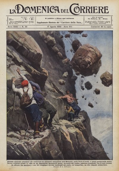 Four Alsatian mountaineers attempting the risky ascent of Hebertet by Achille Beltrame