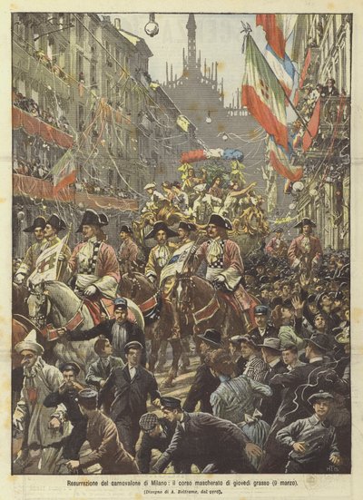 Resurrection of the Milan carnival, the masked parade of Fat Thursday (March 9) by Achille Beltrame
