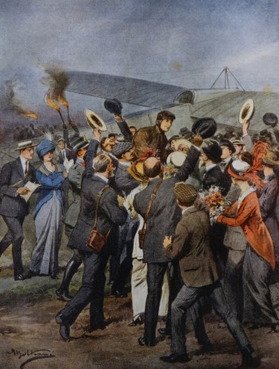 Return to Turin of aviator Perrylon, after flying in single day to Rome, Italy, illustration by Achille Beltrame from La Domenica del Corriere, June 15 by Achille Beltrame