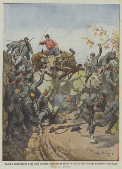 Group of soldiers surprised on a sunken road near Siena by two runaway oxen with a cart by Achille Beltrame