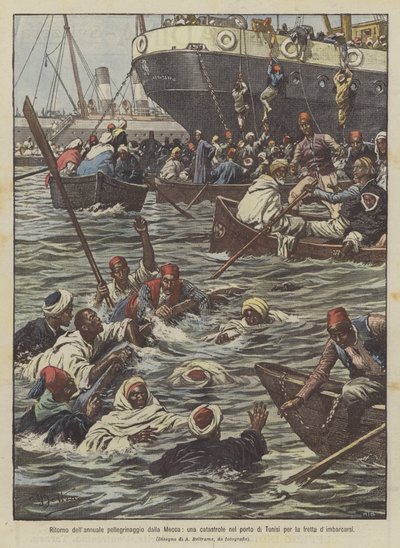 Return of the annual pilgrimage from Mecca, a catastrophe in the port of Tunis due to the rush to embark by Achille Beltrame