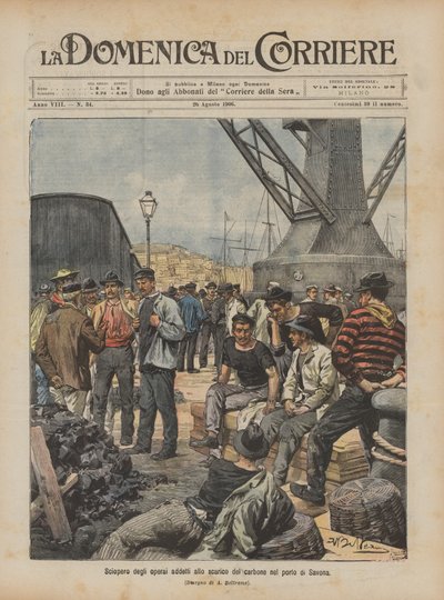 Strike of workers unloading coal in the port of Savona by Achille Beltrame