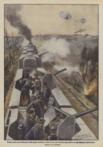 New Destructive Means in Modern Warfare, Battle Between Two Armored Trains (One German and One French) in Flanders by Achille Beltrame