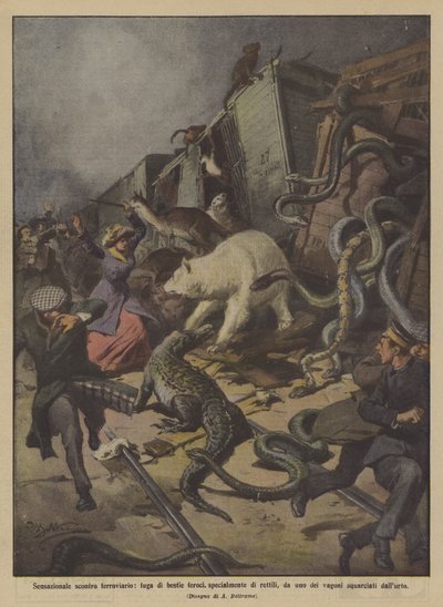 Sensational Train Collision, Escape of Wild Beasts, Especially Reptiles by Achille Beltrame