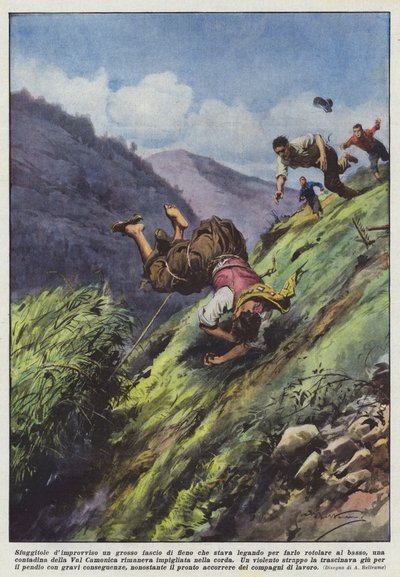 Suddenly Losing a Large Bundle of Hay She Was Tying to Roll Down by Achille Beltrame