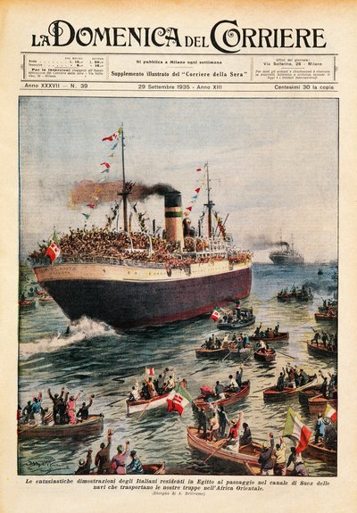 Ships carrying Italian troops to East Africa crossing Suez Canal, illustration from La Domenica del Corriere, October 20 by Achille Beltrame