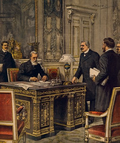 Signing of Franco-Italian Arbitration Convention in Paris, by Achille Beltrame, illustration, from La Domenica del Corriere by Achille Beltrame