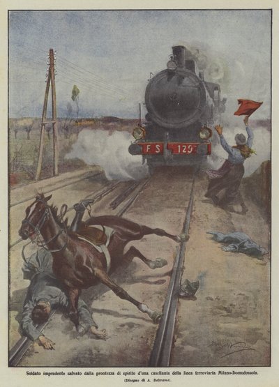 Reckless soldier saved by the quick thinking of a railway crossing guard on the Milan-Domodossola line by Achille Beltrame