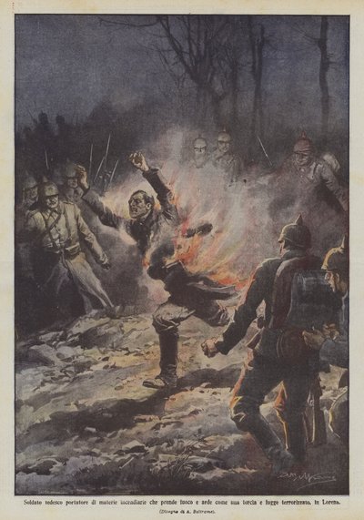 German soldier carrying incendiary materials catches fire and burns like a torch and flees by Achille Beltrame