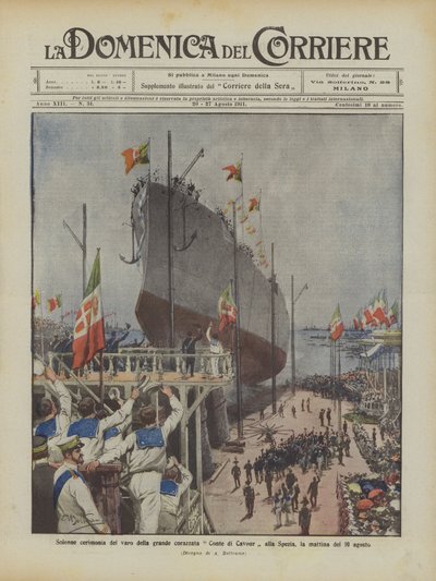 Solemn Ceremony of the Launch of the Great Battleship Conte di Cavour in La Spezia on the Morning of August 10 by Achille Beltrame