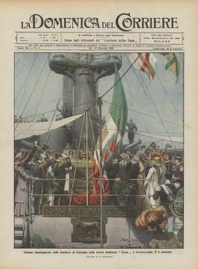 Solemn Raising of the Battle Flag on the New Battleship Roma in Civitavecchia on the 3rd by Achille Beltrame