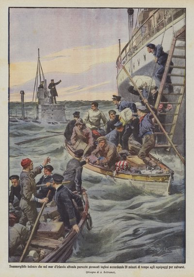 German submarine in the Irish Sea sinks several English steamers giving 10 minutes by Achille Beltrame