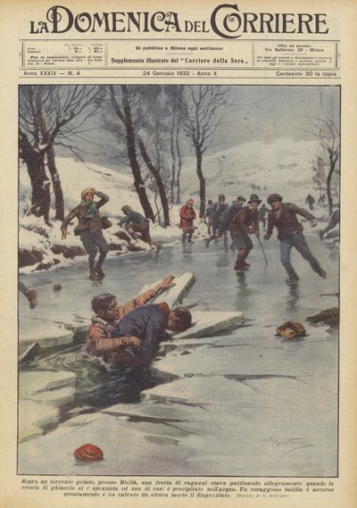 Above a Frozen Stream Near Biella, a Group of Boys Were Happily Skating by Achille Beltrame