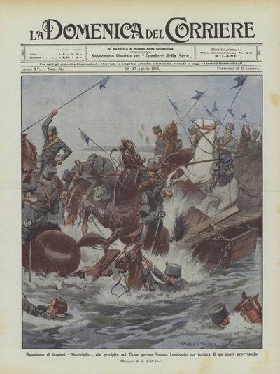 Squadron of Montebello lancers falling into the Ticino near Somma Lombardo due to the collapse of a temporary bridge by Achille Beltrame