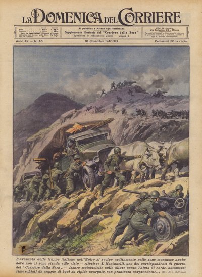 The advance of Italian troops in Epirus takes place boldly in mountainous areas even where there are no roads by Achille Beltrame