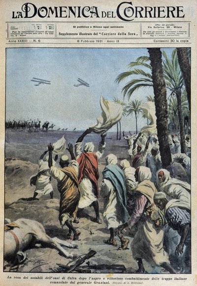The surrender of the notables of the oasis of Koufra after the difficult and victorious battle of the Italian troops commanded by General Graziani - drawing by A. Beltrame in “la Domenica del Corriere” of 08/02/1931 by Achille Beltrame