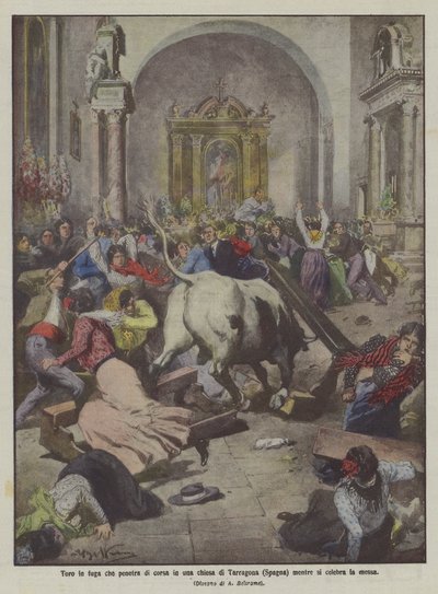 Bull on the Run Enters a Church in Tarragona (Spain) During Mass by Achille Beltrame