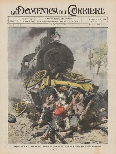 Railway tragedies, a luxury carriage hit at a level crossing with terrible consequences by Achille Beltrame