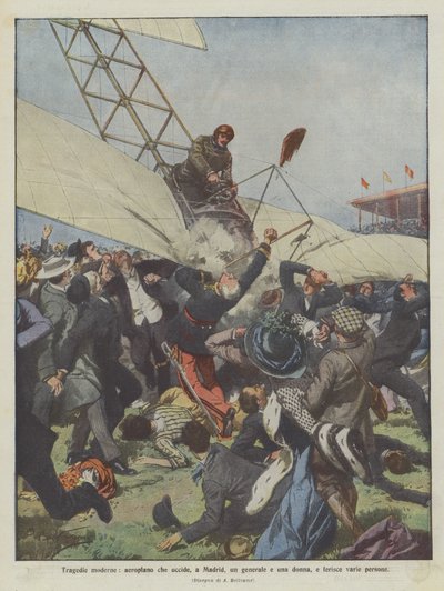 Modern Tragedies: Airplane Kills a General and a Woman in Madrid, Injuring Several People by Achille Beltrame