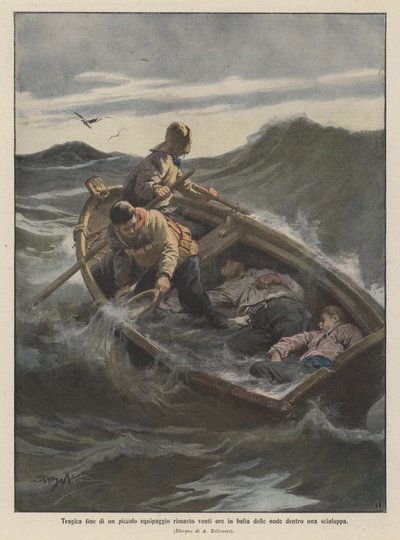 Tragic end of a small crew left at the mercy of the waves for twenty hours in a lifeboat by Achille Beltrame