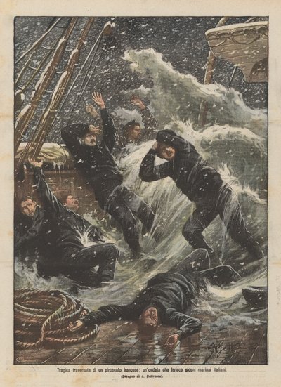 Tragic Crossing of a French Steamer, a Wave Injures Several Italian Sailors by Achille Beltrame
