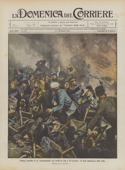Tragic Fire in a Cinema Costing the Lives of 183 People: The Anguished Escape of the Crowd by Achille Beltrame