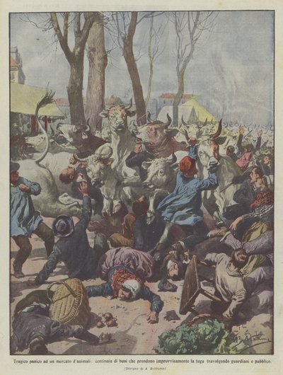 Tragic Panic at an Animal Market, Hundreds of Oxen Suddenly Flee by Achille Beltrame