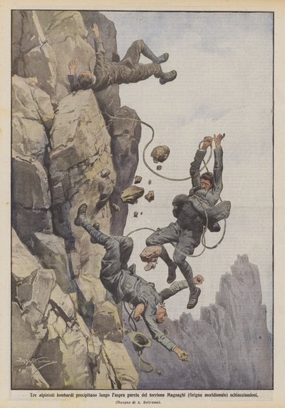 Three Lombard Mountaineers Fall Down the Steep Wall of the Magnaghi Tower (Southern Grigna), Crushing Themselves by Achille Beltrame