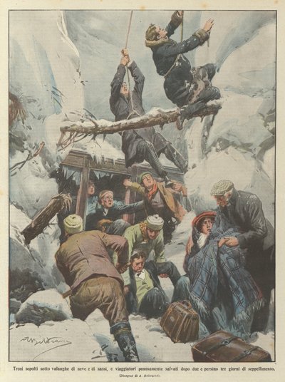 Trains buried under avalanches of snow and rocks, and travelers painfully rescued after two by Achille Beltrame