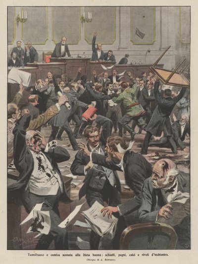 Tumultuous and Comical Scene at the Bohemian Diet, Slaps, Punches, Kicks, and Streams of Ink by Achille Beltrame