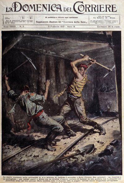 Two French and Portuguese miners fighting with their axes in a gallery because of a love story - drawing by A. Beltrame, in “La Domenica del Corriere” of February 1 by Achille Beltrame