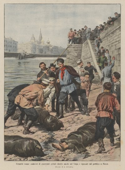 Russian humanity, bodies of executed people thrown into sacks in the Volga and retrieved by the public in Moscow by Achille Beltrame