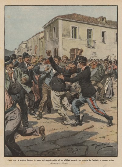 Humble Heroes, Soldier Barone Shields an Officer with His Own Chest During a Riot by Achille Beltrame