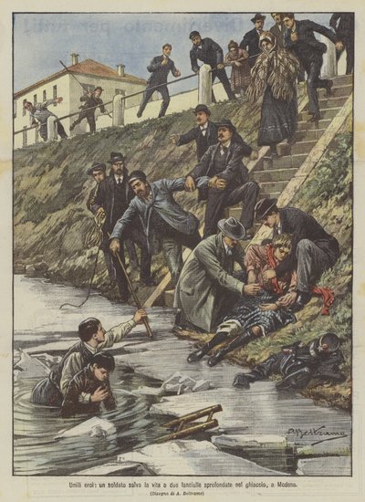Humble heroes, a soldier saves the lives of two girls who fell through the ice in Modena by Achille Beltrame