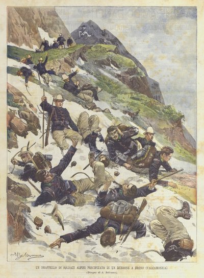 A Detachment of Alpine Soldiers Falling into a Ravine in Breno (Valcamonica) by Achille Beltrame