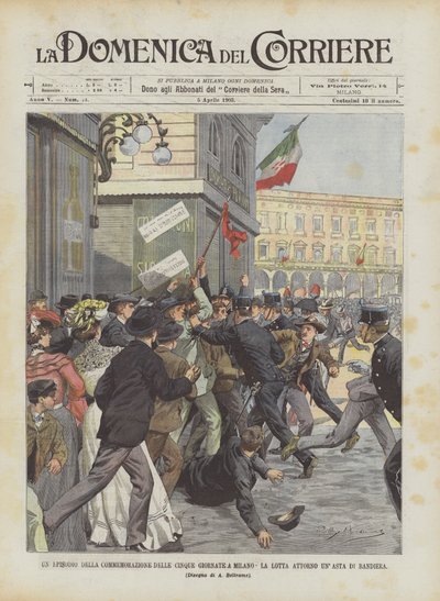 An Episode of the Commemoration of the Five Days in Milan, The Struggle Around a Flagpole by Achille Beltrame