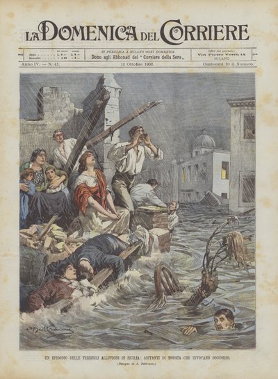 An Episode of the Terrible Floods in Sicily, Inhabitants of Modica Calling for Help by Achille Beltrame