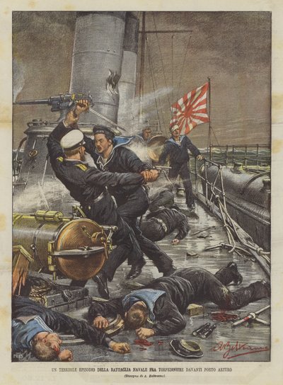 A Terrible Episode of the Naval Battle Between Torpedo Boats in Front of Port Arthur by Achille Beltrame