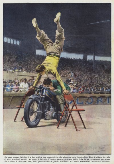 A Human Arch Balancing Between Two Chairs with a Motorcycle Passing Underneath at Speed by Achille Beltrame