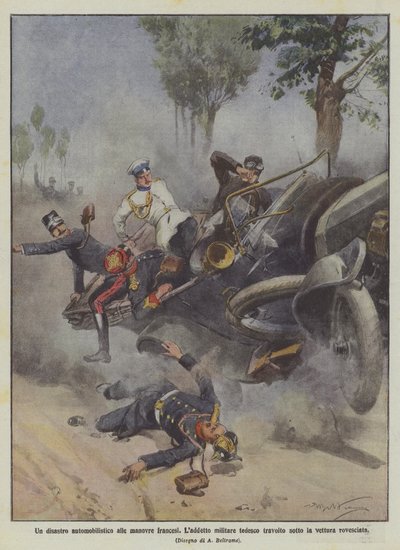 An Automobile Disaster at the French Maneuvers, the German Military Attaché Overturned Under the Car by Achille Beltrame
