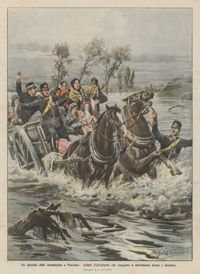 An Episode of the Floods in Piacenza, Artillery Soldiers Rescuing Women and Children by Achille Beltrame