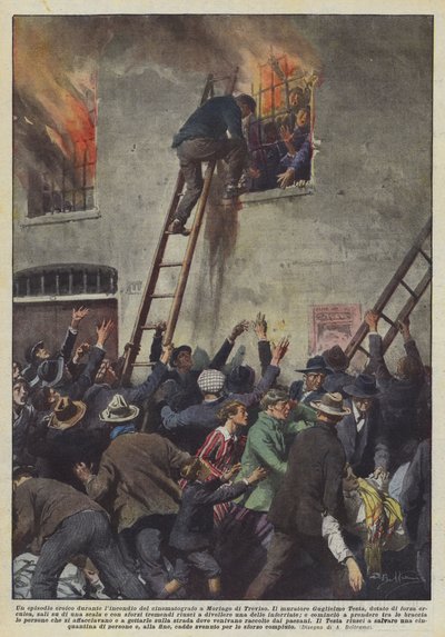 A Heroic Episode During the Fire at the Cinema in Moriago di Treviso by Achille Beltrame