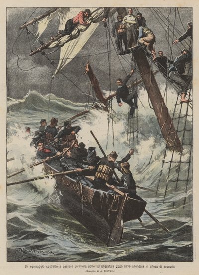 A Crew Forced to Spend an Entire Night on the Mast of a Sunken Ship Waiting for Rescue by Achille Beltrame