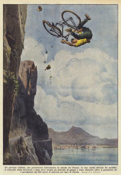 A Young Cyclist, Speeding Down the Ponale Road on a Steep Descent by Achille Beltrame